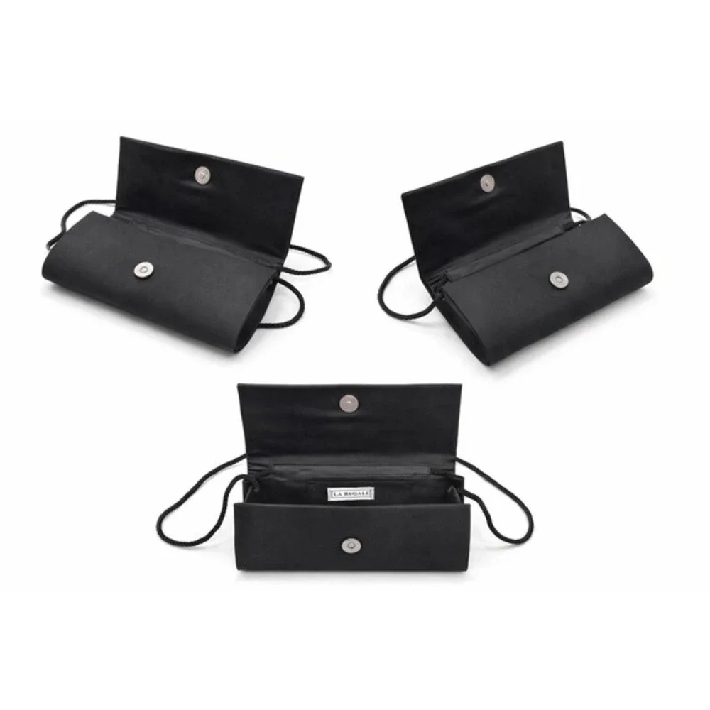 La Regale Black Satin Evening Clutch Crossbody Bag Formal Wedding Elegant 25-05‎